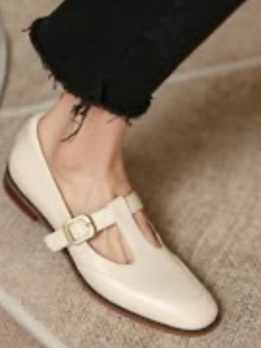 Franco Sarto Kenley Round Toe Mary Jane Beige Leather T-Strap Flats